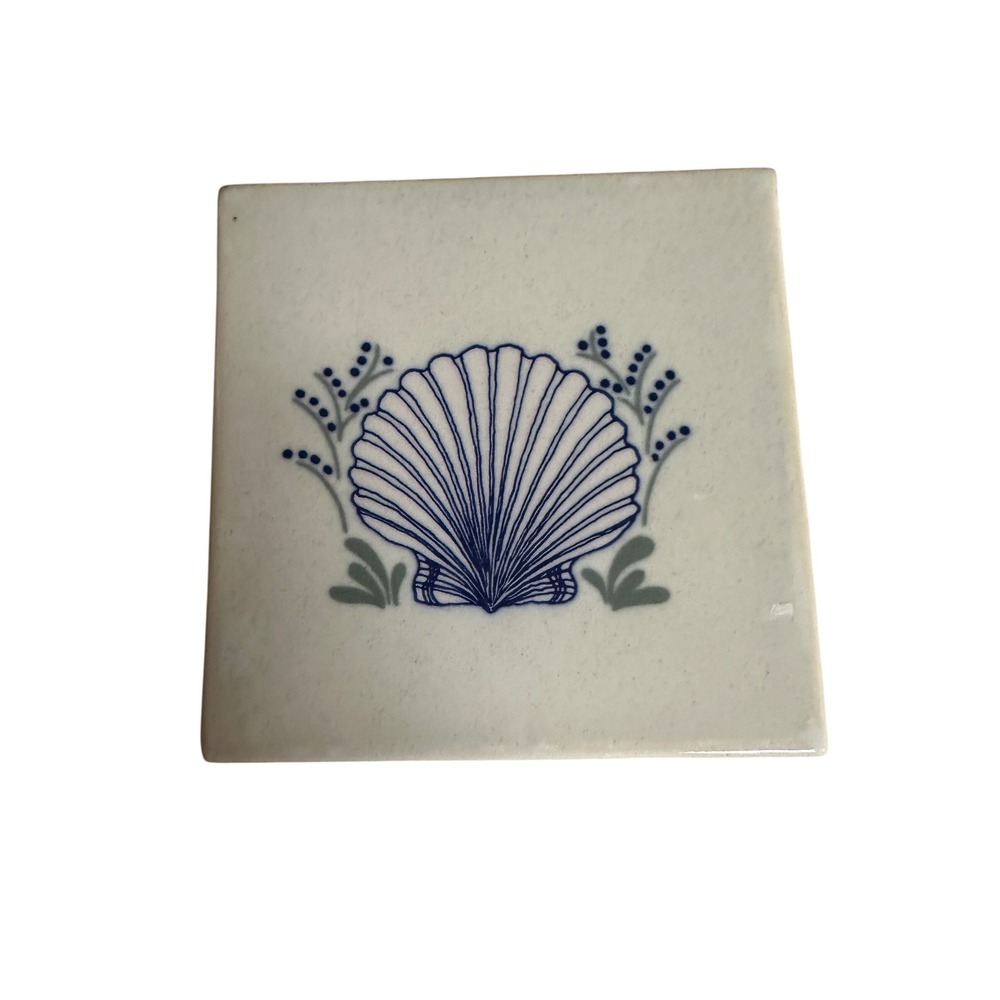 Vintage 6x6 Ceramic Decorative Trivet Tile Blue Seashell Coastal Glazed Cream